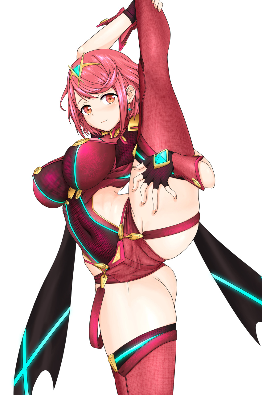 absurdres black_gloves breasts earrings feichu_keju female fingerless_gloves gloves highres jewelry large_breasts md5_mismatch paid_reward_available pyra_(xenoblade) red_eyes red_hair red_shorts red_thighhighs short_hair short_shorts shorts solo split standing standing_on_one_leg standing_split swept_bangs thighhighs tiara xenoblade_chronicles_(series) xenoblade_chronicles_2