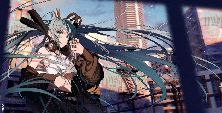 absurdres alternate_costume bare_shoulders black_bra black_jacket black_ribbon black_skirt blue_hair bra bra_peek building city closed_mouth commentary cowboy_shot crop_top crown day female floating_hair green_eyes hair_ribbon hatsune_miku highres hood hood_up igawa_hikaru jacket jewelry long_hair long_sleeves looking_at_viewer microphone_stand midriff miniskirt multiple_rings number_tattoo off_shoulder open_clothes open_jacket outdoors ribbon ring shoulder_tattoo skirt solo sunlight tattoo underwear very_long_hair vocaloid