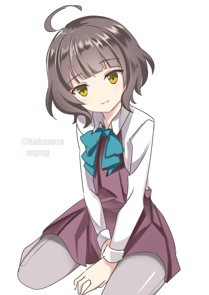 ahoge artistic_error blunt_bangs bow bowtie brown_eyes brown_hair commentary_request dress fathom female green_bow green_bowtie grey_pantyhose highres kantai_collection kishinami_(kancolle) long_sleeves pantyhose pleated_dress purple_dress school_uniform seamed_legwear shirt short_hair side-seamed_legwear simple_background sitting solo wariza wavy_hair white_background white_shirt wrong_hand