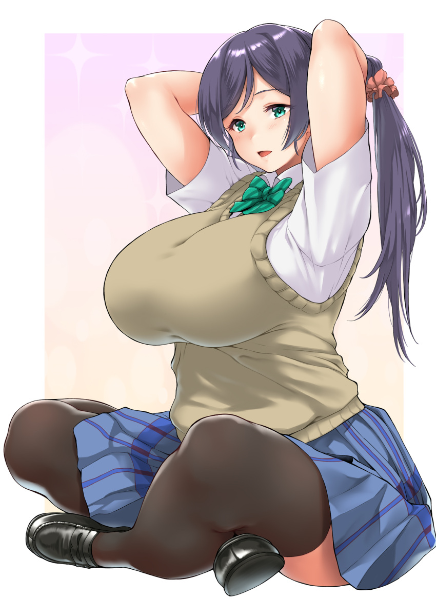 arms_behind_head arms_up black_footwear black_thighhighs blue_skirt blush bow bowtie breasts curvy female green_bow green_bowtie green_eyes hair_ornament hair_scrunchie highres huge_breasts indian_style kemigawa_mondo long_hair looking_at_viewer love_live! love_live!_school_idol_project low_twintails open_mouth otonokizaka_school_uniform pink_scrunchie purple_hair school_uniform scrunchie shirt short_sleeves sidelocks sitting skirt smile solo summer_uniform sweater_vest thick_thighs thighhighs thighs tojo_nozomi twintails vest white_shirt yellow_vest