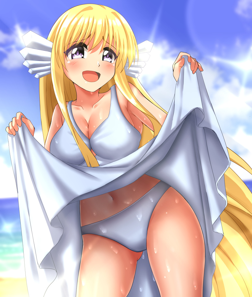 absurdres beach blonde_hair blue_eyes blue_sky breasts clothes_lift cloud collarbone commentary_request commission cowboy_shot day dress dress_lift female fins head_fins highres large_breasts long_hair looking_at_viewer maria_(mermaid_melody_pichi_pichi_pitch) mermaid_melody_pichi_pichi_pitch open_mouth outdoors panties pixiv_commission sky smile solo underwear white_dress white_panties zanntetu