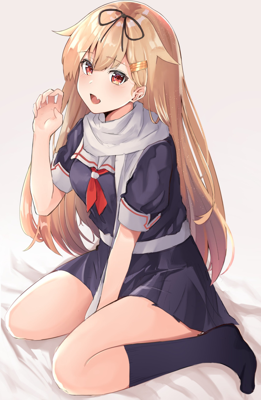 absurdres bad_id bad_twitter_id black_ribbon blonde_hair blush breasts female gloves hair_flaps hair_ornament hair_ribbon hairclip highres kantai_collection long_hair looking_at_viewer neckerchief open_mouth paw_pose pleated_skirt red_eyes ribbon scarf school_uniform serafuku shiina_aoi sitting skirt smile solo yuudachi_(kancolle) yuudachi_kai_ni_(kancolle)