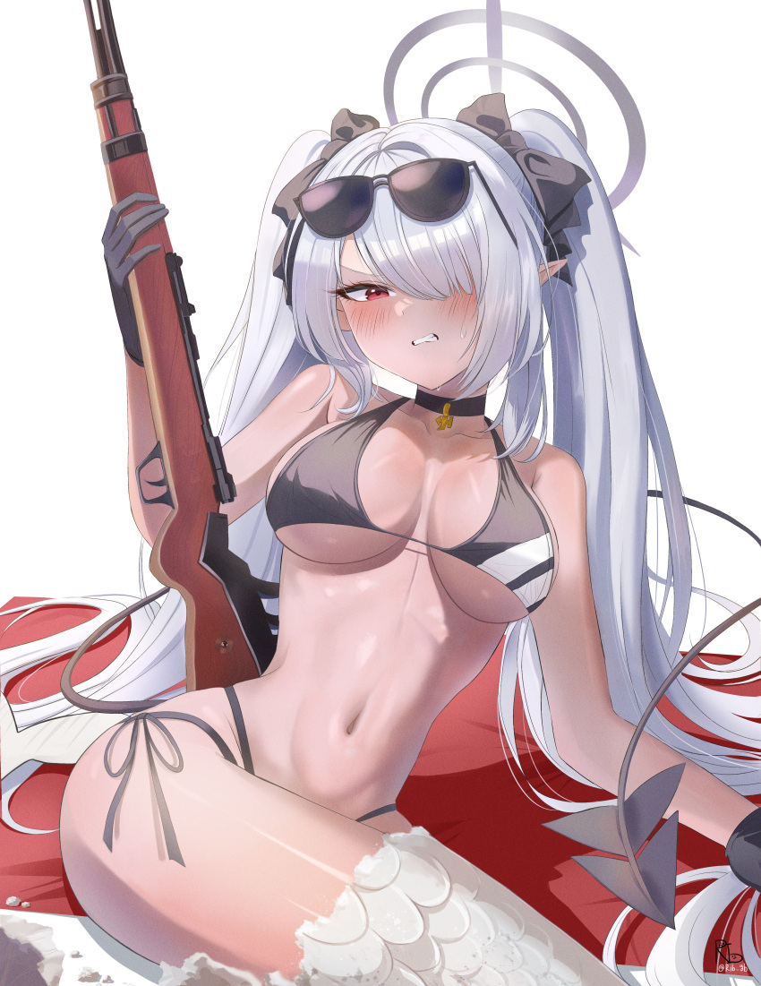 absurdres bikini black_bikini black_bow black_choker black_gloves blue_archive blush bow breasts choker clenched_teeth dark-skinned_female dark_skin demon_girl demon_tail embarrassed eyewear_on_head female gangbyeon gloves groin gun hair_over_one_eye hairbow halo hand_up highres holding holding_gun holding_weapon iori_(blue_archive) iori_(swimsuit)_(blue_archive) long_hair looking_at_viewer medium_breasts multi-strapped_bikini_bottom navel nervous official_alternate_costume open_mouth red_eyes side-tie_bikini_bottom sitting solo stomach striped_bikini striped_clothes sunglasses swimsuit tail teeth twintails underboob very_long_hair weapon weapon_behind_back white_hair