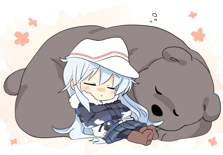 animal bear black_pantyhose blue_skirt boots brown_footwear camouflage check_commentary closed_eyes commentary commentary_request female grey_hair hands_on_own_chest hibiki_(kancolle) highres hizuki_yayoi jacket kantai_collection long_hair pantyhose pleated_skirt sitting skirt sleeping verniy_(kancolle) verniy_(saury_festival)_(kancolle) white_headwear