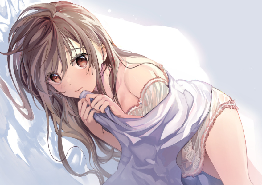 bed_sheet blush brown_eyes brown_hair cocoa_(cafe-hotcocoa) female long_hair looking_at_viewer lying on_side original solo underwear