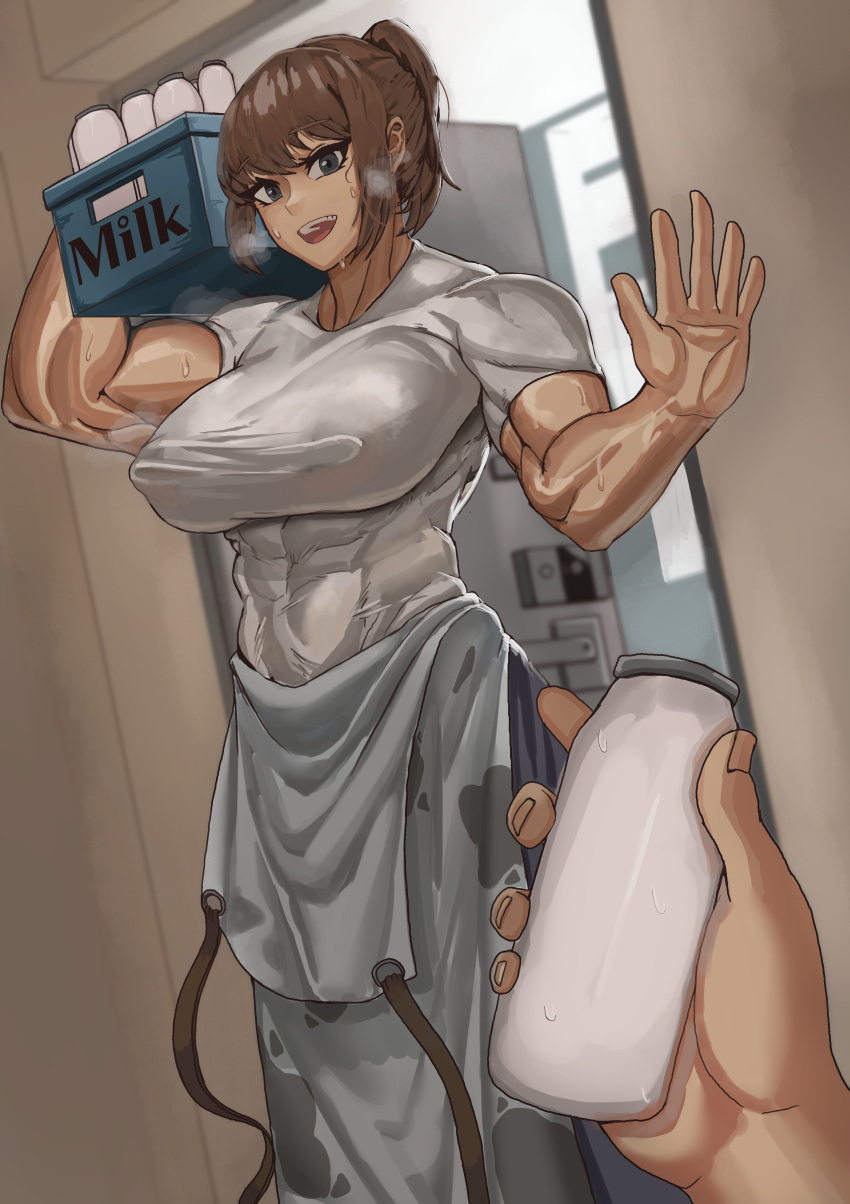 1boy abs absurdres biceps bottle breasts brown_hair commentary covered_nipples crate day door doorway english_commentary english_text entrance female grey_eyes grey_shirt high_ponytail highres holding holding_bottle indoors large_breasts looking_at_viewer milk milk_bottle muscular muscular_female open_door open_mouth original pov pov_hands shirt short_sleeves sidelocks smile solo_focus soolee040995 standing sweat teeth unworn_apron upper_teeth_only waving