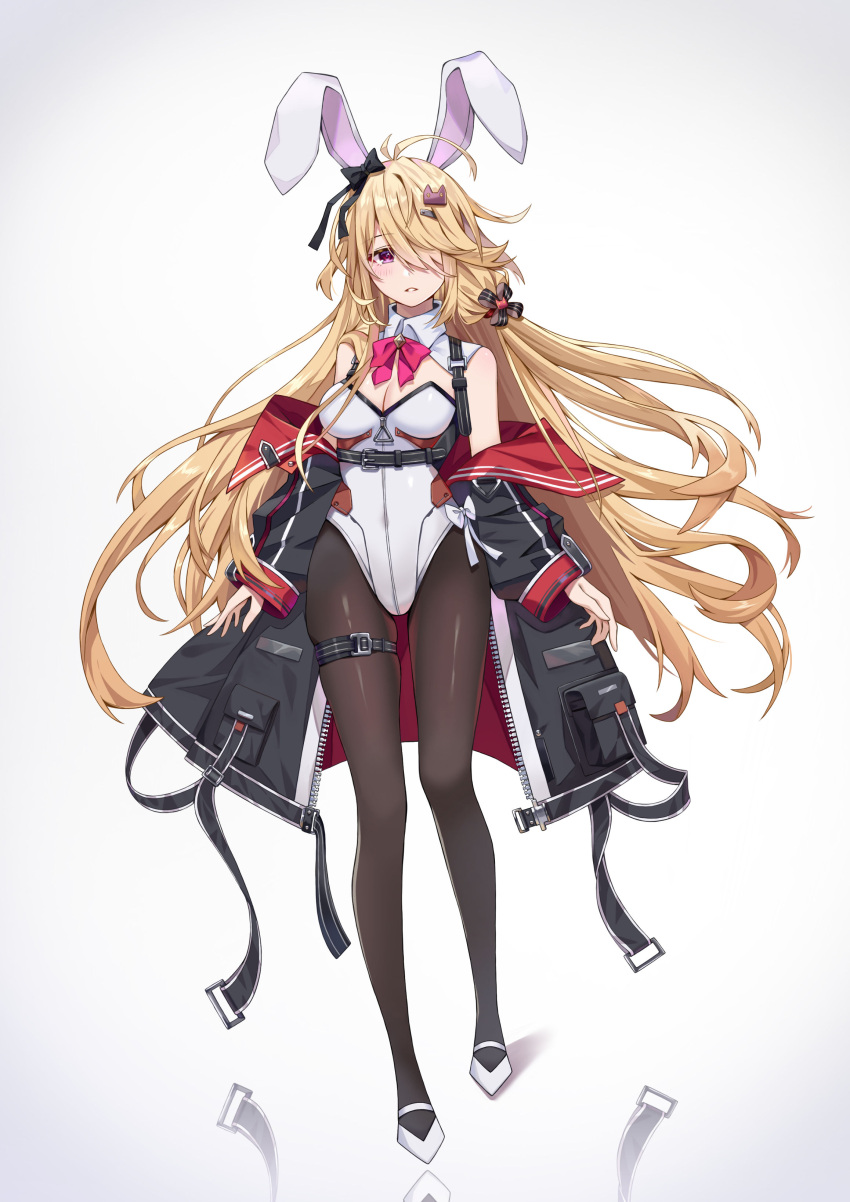 absurdres alternate_costume animal_ears black_bow black_jacket black_pantyhose blonde_hair blush bow bowtie breasts calder_(pixiv3698273) cleavage commentary covered_navel detached_collar fake_animal_ears female full_body hair_ornament hair_over_one_eye hairbow highres jacket leotard long_hair long_sleeves looking_at_viewer medium_breasts multicolored_clothes multicolored_jacket nemesis_(tower_of_fantasy) off_shoulder open_clothes open_jacket open_mouth pantyhose pink_bow pink_bowtie playboy_bunny rabbit_ears red_eyes simple_background solo standing tower_of_fantasy two-tone_jacket very_long_hair white_background white_bow white_footwear white_leotard