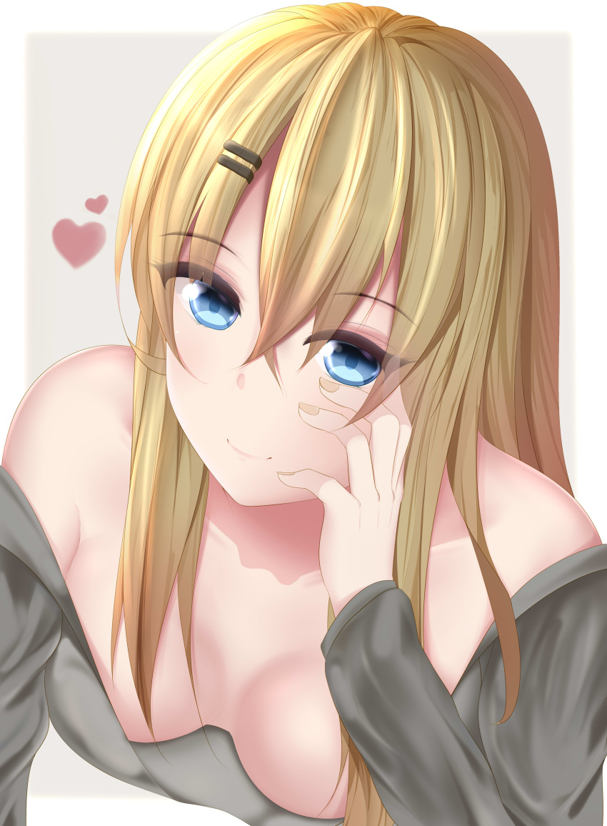 absurdres bare_shoulders blonde_hair blue_eyes breasts breasts_apart cleavage commentary_request female hair_ornament hairclip heart highres large_breasts qiyuan_yingluo saratoga_(warship_girls_r) smile solo spread_fingers warship_girls_r