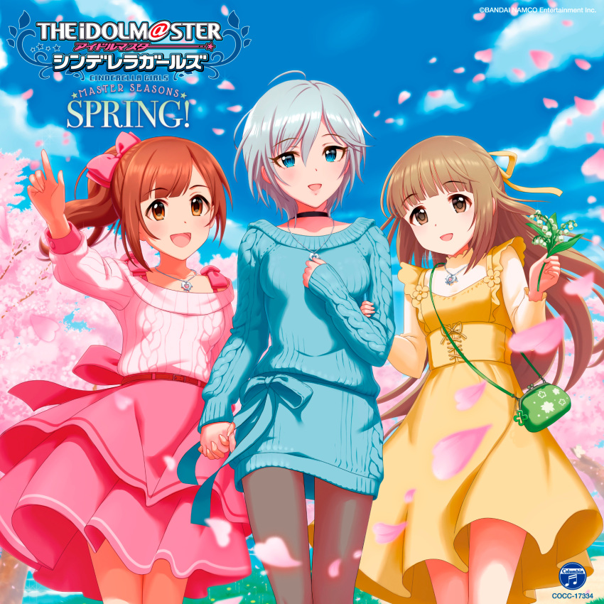 3girls :d album_cover anastasia_(idolmaster) bag black_choker blue_eyes blue_sky blue_sweater blurry blurry_background bow brown_eyes brown_hair brown_legwear cherry_blossoms choker cloud cover day dress floating_hair grey_hair hair_between_eyes hair_ribbon hairbow highres idolmaster idolmaster_cinderella_girls igarashi_kyoko index_finger_raised jewelry kurogoma layered_skirt long_hair looking_at_viewer medium_skirt multiple_girls off-shoulder_sweater off_shoulder official_art open_mouth outdoors pantyhose pendant petals pinafore_dress pink_skirt pink_sweater red_bow ribbed_sweater ribbon shirt short_hair side_ponytail skirt sky sleeveless sleeveless_dress smile summer sweater sweater_dress very_long_hair yellow_dress yellow_ribbon yellow_shirt yorita_yoshino