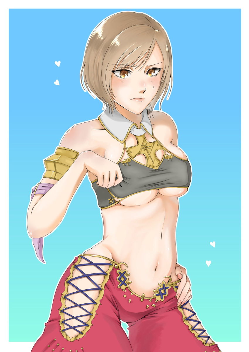 ashelia_b'nargin_dalmasca ashiashi blonde_hair blush breasts cleavage closed_mouth cosplay female final_fantasy final_fantasy_xii final_fantasy_xii_revenant_wings heart highres navel penelo short_hair simple_background solo sweatdrop underboob