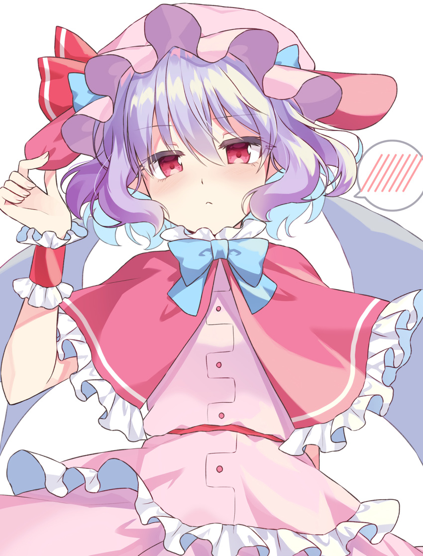 :< arm_up bat_wings beni_kurage blue_bow blush bow bowtie capelet closed_mouth commentary dress eyelashes eyes_visible_through_hair female fingernails flat_chest frilled_cuffs frills hair_between_eyes hat hat_bow highres looking_at_viewer mob_cap pink_dress pink_hat purple_hair red_bow red_capelet red_eyes remilia_scarlet short_hair simple_background solo spoken_blush touhou upper_body white_background wings