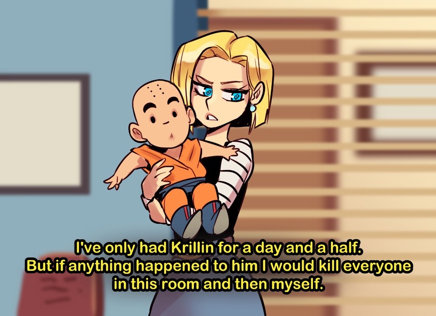 1boy android_18 bald blonde_hair blue_eyes bob_cut brooklyn_nine-nine dragon_ball dragon_ball_z earrings english_text facial_mark female forehead_mark i've_only_had_arlo_for_a_day_and_a_half_(meme) jewelry kuririn meme mini_person miniboy nortuet parody straight subtitled symbol-shaped_pupils