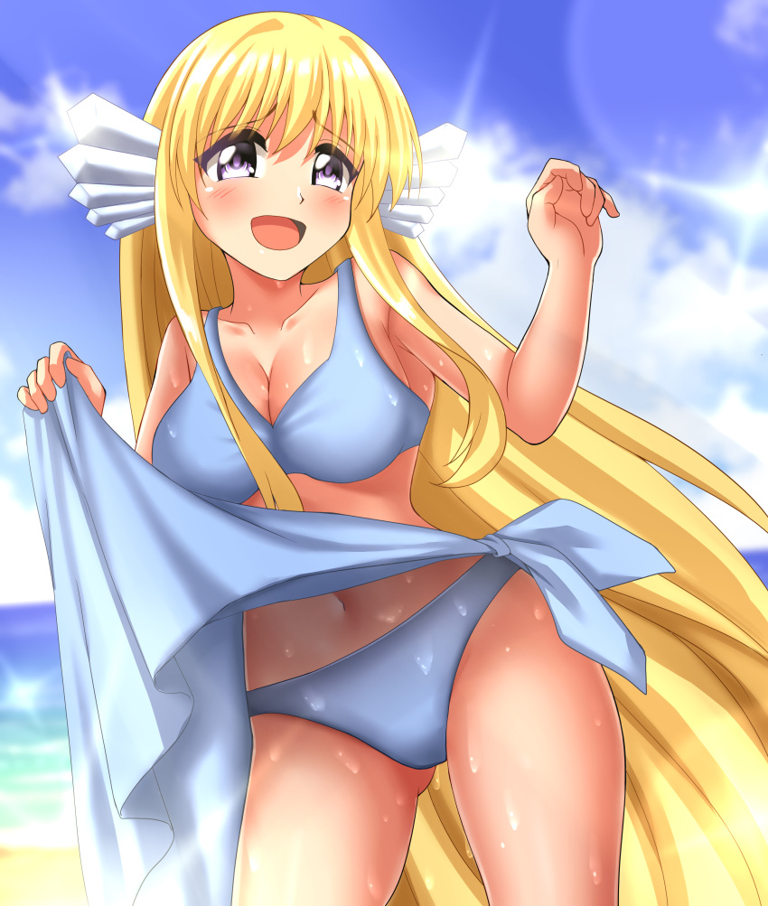 absurdres beach bikini blonde_hair blue_eyes blue_sky breasts clothes_lift cloud collarbone commentary_request commission cowboy_shot day female fins head_fins highres large_breasts long_hair looking_at_viewer maria_(mermaid_melody_pichi_pichi_pitch) mermaid_melody_pichi_pichi_pitch open_mouth outdoors pixiv_commission sarong sky smile solo swimsuit underwear white_bikini zanntetu