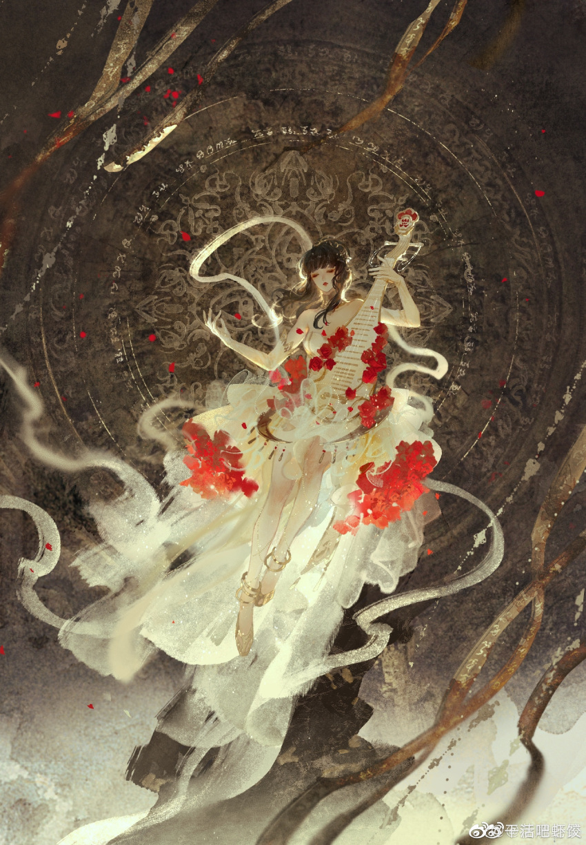 absurdres anklet bare_legs brown_hair circle detached_collar dress elbow_gloves female floating flower gloves hair_bun hair_ornament high_heels highres huadiao_lao_wu instrument jewelry phantom_blade_(game) rose second-party_source solo streamers white_dress xianzhe_(phantom_blade)