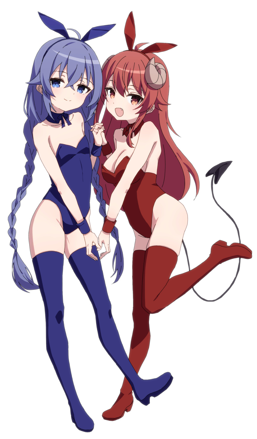 2girls :d ahoge alternate_costume bad_id bad_pixiv_id bare_shoulders blue_eyes blue_footwear blue_hair blue_hairband blue_leotard blue_ribbon blue_thighhighs boots braid breasts brown_eyes cleavage closed_mouth commentary_request commission crossover curled_horns demon_girl demon_horns demon_tail full_body hair_between_eyes hair_ribbon hairband heart heart_hands heart_hands_duo highres holding_hands horns interlocked_fingers kohara_konomi leotard long_hair low_twintails machikado_mazoku medium_breasts multiple_girls mushoku_tensei oerba_yun_fang oueo pixiv_commission playboy_bunny red_footwear red_hair red_hairband red_legwear red_leotard red_ribbon ribbon roxy_migurdia simple_background small_breasts smile standing standing_on_one_leg tail thigh_boots thighhighs twin_braids twintails very_long_hair voice_actor_connection white_background yoshida_yuuko_(machikado_mazoku)