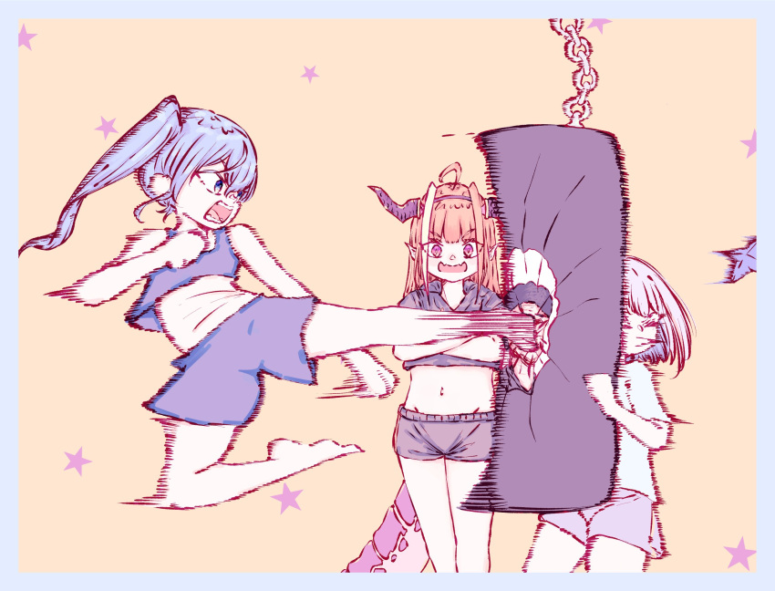 3girls ahoge alternate_costume amane_kanata barefoot black_shorts blonde_hair blue_eyes blue_hair blue_shorts colored_inner_hair doukyo's dragon_girl dragon_horns dragon_tail flying_kick ginzuchi grey_hair hair_between_eyes hairband halo highres hololive horns hoshimachi_suisei kicking kiryu_coco legs long_hair midriff multicolored_hair multiple_girls navel open_mouth orange_hair purple_eyes short_hair shorts simple_background standing star_(symbol) star_halo streaked_hair tail teeth virtual_youtuber yagoo