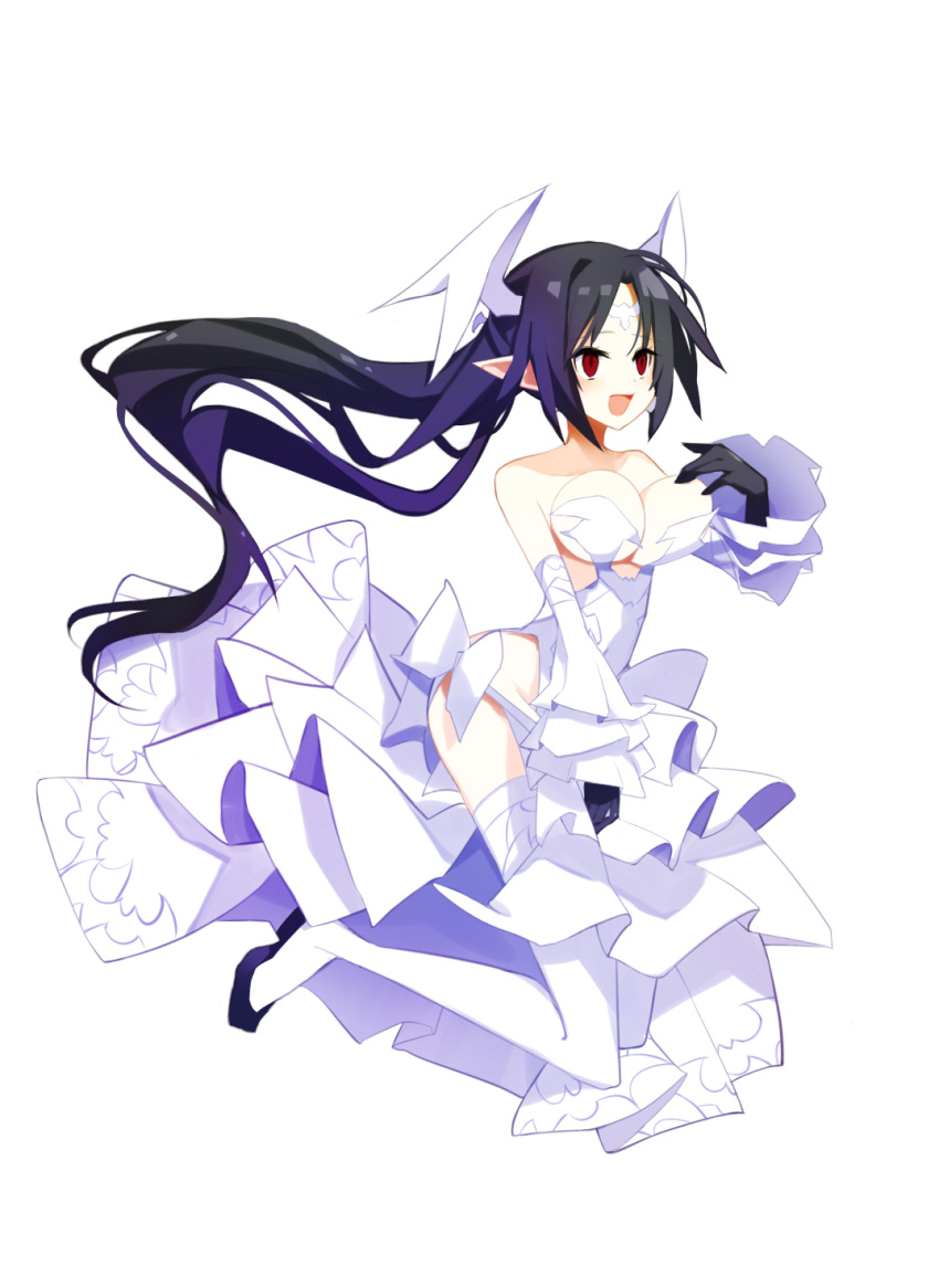 bare_shoulders black_gloves black_hair breasts choker cleavage commentary detached_sleeves disgaea dress earrings female gloves head_wings highres jewelry large_breasts long_hair makai_senki_disgaea_6 melodia_(disgaea) nanozenzen pointy_ears red_eyes simple_background smile solo thighhighs transparent_background white_choker white_dress white_sleeves white_thighhighs wings