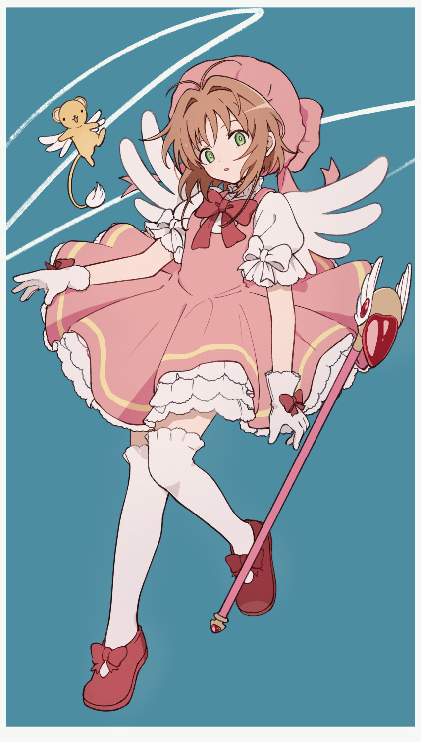 absurdres angel_wings antenna_hair bad_id bad_pixiv_id blue_background border bow brown_hair cardcaptor_sakura commentary dress female full_body fuuin_no_tsue gloves green_eyes hat highres kero_(cardcaptor_sakura) kinomoto_sakura looking_to_the_side magical_girl pale_skin pink_hat ribbon short_hair short_sleeves solo staff symbol-only_commentary thighhighs toukashi_(2tou9) triadic_colors white_border white_gloves white_legwear white_wings wings