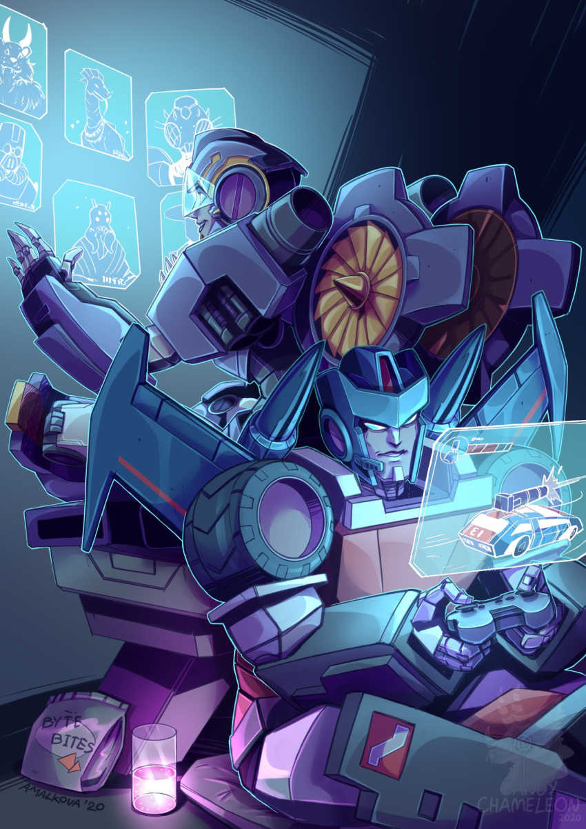 1boy assault_visor autobot blue_eyes candy_chameleons collaboration cup english_commentary female highres holographic_interface larbesta looking_down mecha nautica_(transformers) no_humans playing_games road_rage_(transformers) robot the_transformers_(idw) transformers