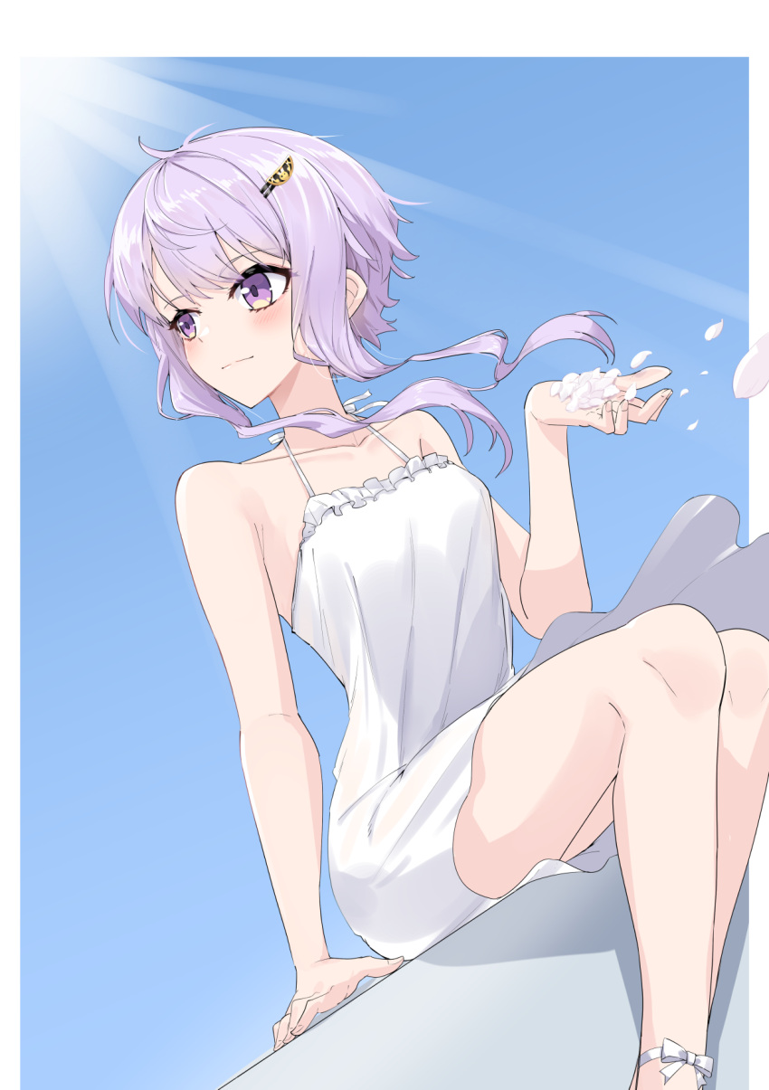 bare_arms bare_shoulders blue_sky blush breasts cevio closed_mouth collarbone commentary day dress feet_out_of_frame female floating_hair frilled_dress frills hair_ornament hairclip hand_up highres long_hair looking_away looking_to_the_side petals purple_eyes purple_hair sidelocks sky sleeveless sleeveless_dress small_breasts smile solo sunlight vocaloid voiceroid white_dress yuzuki_yukari yuzuki_yukari_(rei) zooanime