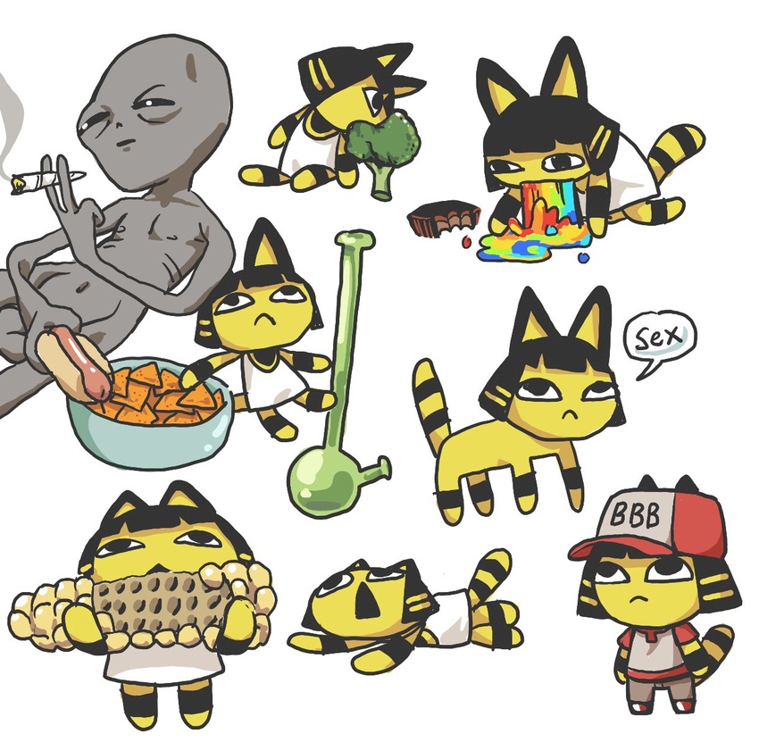 alien alien_humanoid all_fours ambiguous_gender animal_crossing ankha_(animal_crossing) anthro big_bun_burgers black_eyes black_hair black_sclera black_tail bob_cut bodily_fluids bong bottomwear bowl broccoli closed_frown clothed clothing conditional_dnp container corn dialogue domestic_cat doritos dress drugs duo eating egyptian egyptian_clothing english_text felid feline felis female feral food footwear frito-lay frown fur grey_body grey_skin gummuru hair half-closed_eyes hat headgear headwear holding_food holding_object hot_dog humanoid humor kneeling lying mammal marijuana marijuana_blunt markings meme mouth_closed multicolored_clothing multicolored_shirt multicolored_topwear multiple_images nachos narrowed_eyes navel nintendo nipples noseless nude on_front open_mouth pants plant raised_tail red_clothing red_footwear red_hat red_headwear red_shirt red_shoes red_topwear roswell_grey shirt shoes short_hair simple_background sitting smoke speech_bubble standing striped_markings striped_tail stripes tail tail_markings technicolor_yawn text topwear two_tone_clothing two_tone_hat two_tone_shirt two_tone_tail two_tone_topwear usekh vegetable vomit vomiting white_background white_clothing white_dress white_eyes white_hat white_headwear white_shirt white_topwear yellow_body yellow_fur yellow_inner_ear yellow_tail