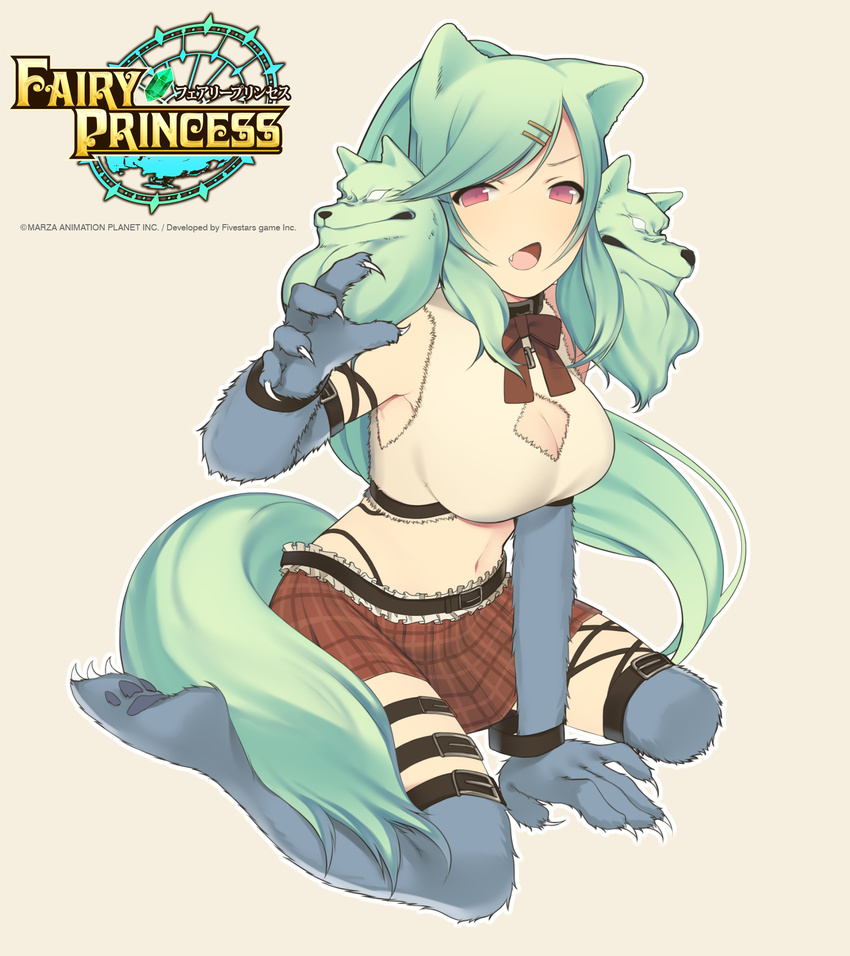 animal_ears bad_id bad_pixiv_id banned_artist cleavage_cutout fairy_princess green_hair highres long_hair midriff mizuki_kiyoshi navel red_eyes solo tail thigh_strap wolf_ears wolf_paws wolf_tail