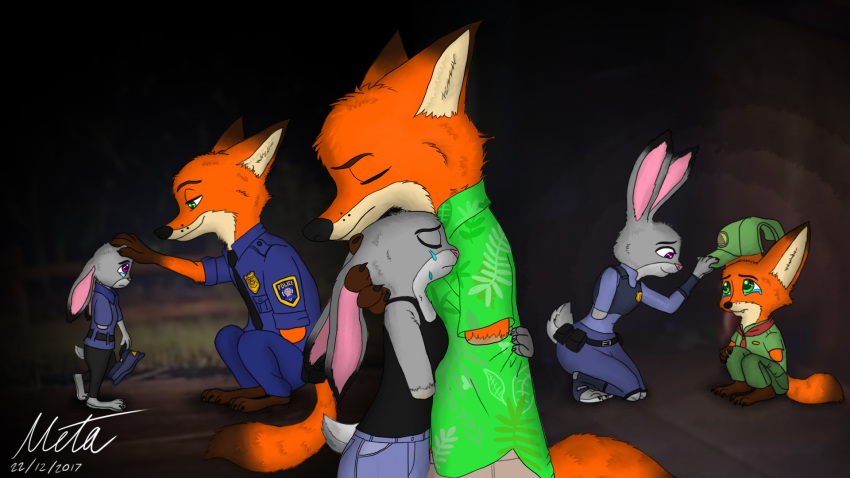 16:9 1_missing_limb 2017 amputee anthro biped canid canine childhood clothing digital_media_(artwork) disability disney duo female flashback fox fur hi_res hug imagination judy_hopps lagomorph leporid male mammal memories missing_arm mr-punctual nick_wilde rabbit widescreen young zootopia