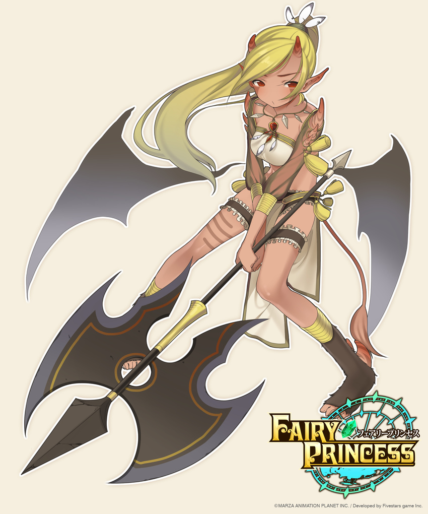 axe bad_id bad_pixiv_id banned_artist barefoot blonde_hair dark_skin fairy_princess highres horns leg_garter long_hair mizuki_kiyoshi pointy_ears ponytail red_eyes solo tail toeless_legwear toes weapon wings