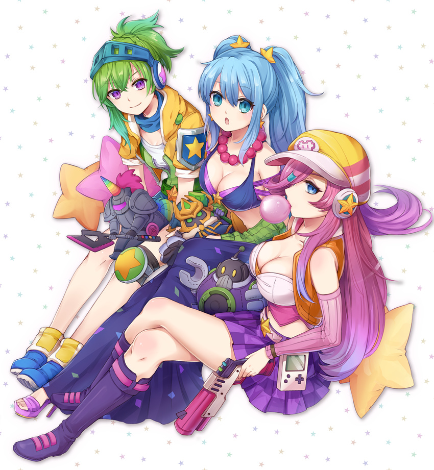 3girls alternate_hair_color arcade_hecarim arcade_miss_fortune arcade_riven arcade_sona battle_boss_blitzcrank blitzcrank blowing_bubbles blue_eyes boots breasts cabbie_hat character_doll chewing_gum cleavage commentary_request crop_top crossed_legs final_boss_veigar game_boy game_boy_(original) green_hair gun hair_ornament hair_over_one_eye handheld_game_console hat headphones hecarim high_heels highres horns jewelry knee_boots knee_pads konomoto_(knmtzzz) large_breasts league_of_legends long_hair looking_at_viewer medium_breasts midriff miss_fortune_(league_of_legends) multiple_girls necklace official_alternate_costume open_mouth ponytail purple_eyes purple_footwear riven_(league_of_legends) single_horn sitting sona_(league_of_legends) staff star-shaped_pillow star_(symbol) star_hair_ornament twintails veigar weapon