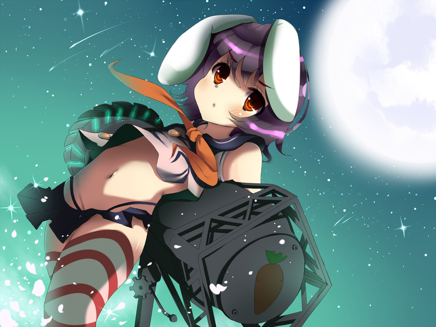 animal_ears bad_deviantart_id bad_id black_hair blizzomos blush commentary cosplay crossover dutch_angle english_commentary female full_moon gradient_background highleg highleg_panties highres inaba_tewi kantai_collection looking_at_viewer midriff miniskirt moon navel open_mouth panties rabbit_ears red_eyes sailor_collar shimakaze_(kancolle) shimakaze_(kancolle)_(cosplay) shirt short_hair skirt sleeveless solo sparkle striped_clothes striped_thighhighs thighhighs thong touhou underwear upskirt zettai_ryouiki