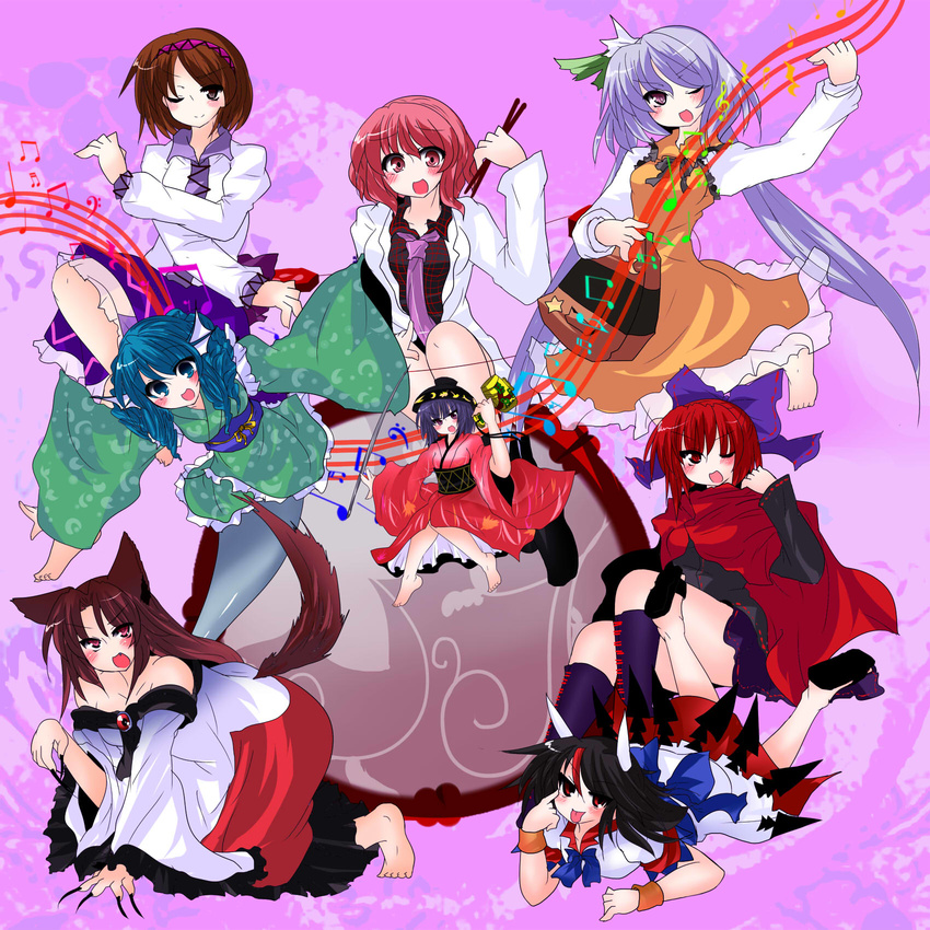 6+girls all_fours animal_ears barefoot biwa_lute black_hair blue_eyes blue_hair blush bow bowl brooch brown_eyes brown_hair buuwa cape commentary_request double_dealing_character dress drumsticks fingernails fins grey_horns hair_ornament hairband hairbow hat head_fins highres horikawa_raiko horns imaizumi_kagerou instrument jacket japanese_clothes jewelry kijin_seija kimono long_hair long_sleeves looking_at_viewer lute_(instrument) lying mermaid mini_person minigirl monster_girl multicolored_hair multiple_girls musical_note necktie needle obi on_stomach one_eye_closed open_mouth purple_hair red_eyes red_hair sash sekibanki short_hair simple_background sitting skirt smile sukuna_shinmyoumaru tail touhou tsukumo_benben tsukumo_yatsuhashi wakasagihime wolf_ears wolf_tail