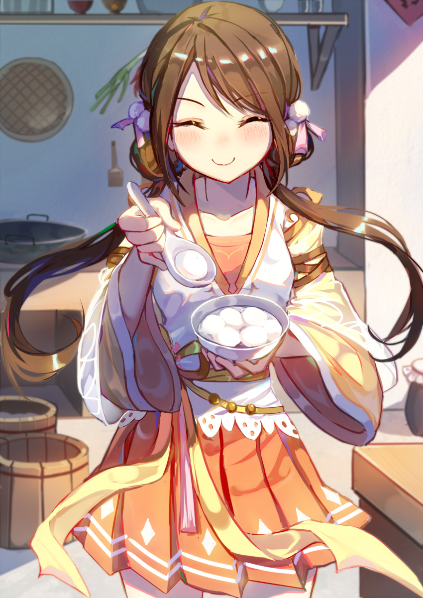 ^_^ blush brown_hair closed_eyes collarbone commentary_request cowboy_shot eyebrows_visible_through_hair feeding food hair_ornament highres long_hair original pov_feeding smile solo spoon twintails very_long_hair you_hashira