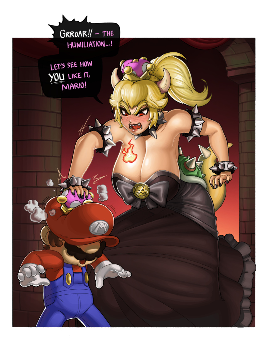 1boy bad_id bad_twitter_id black_dress bowsette breasts cleavage dress english_text female hard-degenerate highres large_breasts mario mario_(series) new_super_mario_bros._u_deluxe size_difference super_crown tail