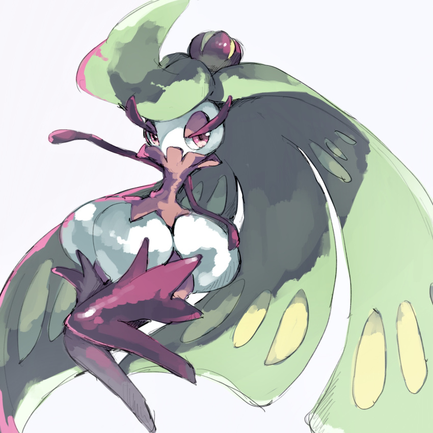 arm_up bad_id bad_pixiv_id female full_body green_hair grey_background half-closed_eyes highres long_hair looking_at_viewer monster_girl no_mouth outstretched_arm pink_eyes plant_girl pokemon pokemon_(creature) simple_background solo takase_(takase1214) tsareena very_long_hair