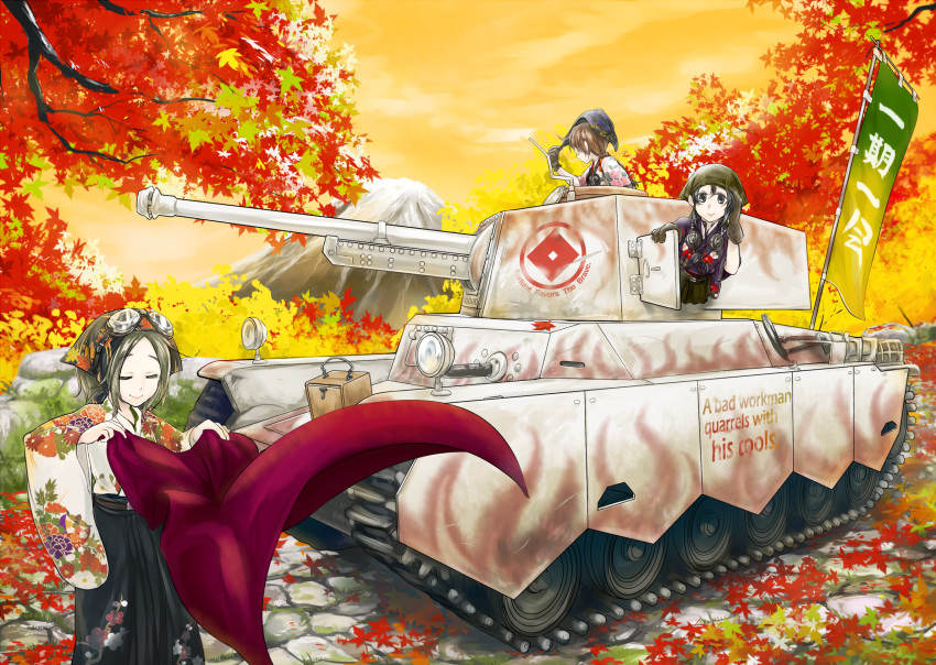 3girls acrylic_paint_(medium) cloud commentary_request evening flag hakama hakama_skirt highres japanese_clothes leaf military military_vehicle mimit motor_vehicle mount_fuji mountain multiple_girls original outdoors painting_(medium) skirt sky tank traditional_media tree type_3_chi-nu