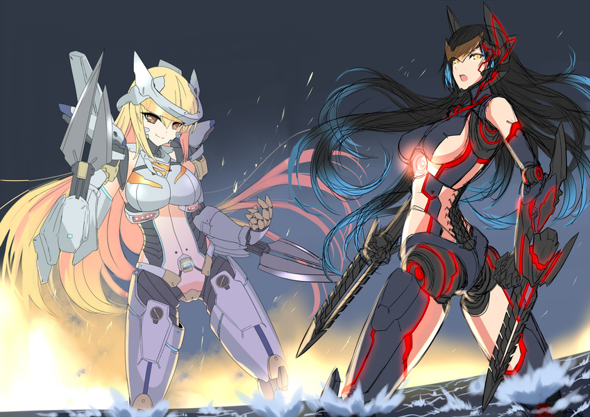 2girls arm_blade armor artist_request ass blonde_hair blue_hair bodysuit breasts gipsy_danger glowing highres light long_hair mecha_musume mechanical_arms mechanical_legs mechanical_parts medium_breasts multiple_girls nuclear_reactor pacific_rim personification simple_background smile spine striker_eureka visor_(armor) weapon yellow_eyes