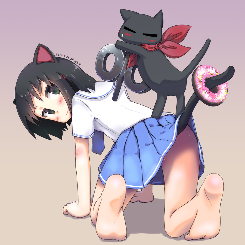 all_fours animal_ears bandana barefoot black_eyes black_hair blush cat_ears cat_tail commentary_request doughnut feet feline female food food_on_tail green_eyes heart heart-shaped_pupils highres kazuboh looking_back md5_mismatch nichijou photoshop_(medium) revision sakamoto_(nichijou) school_uniform serafuku shinonome_nano short_hair skirt smile soles symbol-shaped_pupils tail tokisadame_school_uniform winding_key