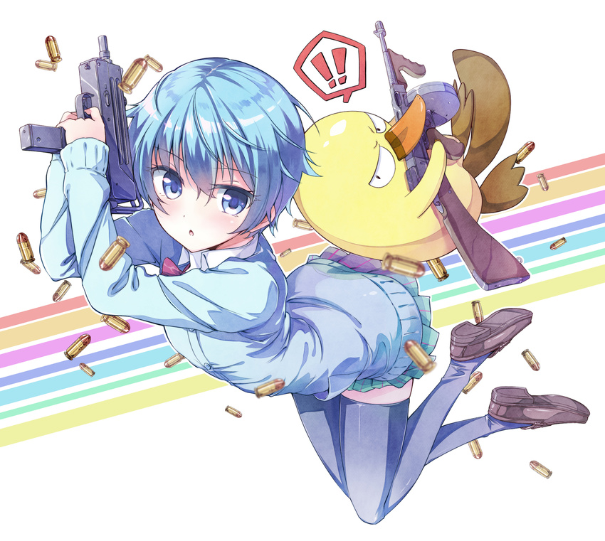 bad_id bad_pixiv_id blue_eyes blue_hair blue_thighhighs bow bowtie bullet cardigan female full_body goutokuji_kayo gun highres kamo_(sabagebu!) loafers looking_at_viewer mac-10/11 miniskirt nijihashi_sora photoshop_(medium) platypus pleated_skirt sabagebu! shoes short_hair skirt submachine_gun thighhighs thompson_submachine_gun weapon