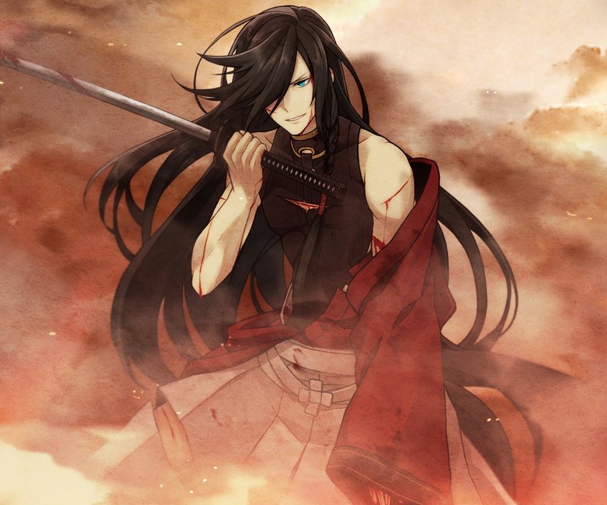 1boy bare_shoulders black_hair blood commentary_request cuts dust hair_over_one_eye hakama hakama_skirt injury izumi-no-kami_kanesada japanese_clothes katana long_hair male_focus nakamura_hiro_(nobody10ch) photoshop_(medium) skirt solo sword touken_ranbu very_long_hair weapon