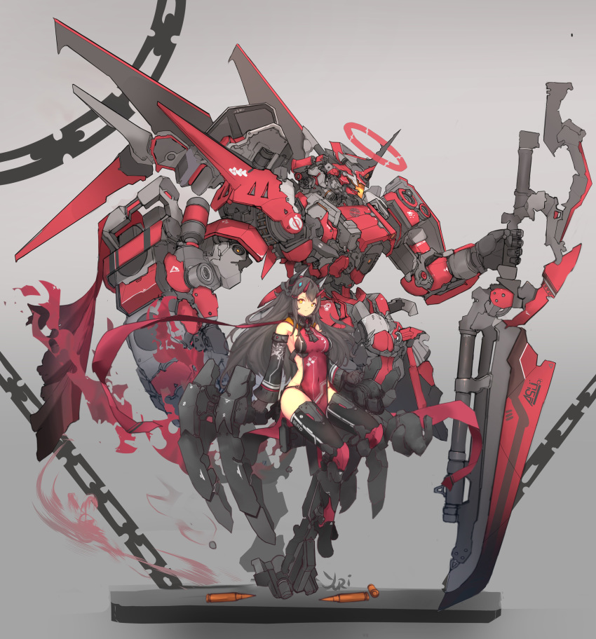 absurdres black_gloves black_hair cartridge chains commentary_request covered_navel detached_sleeves female gloves grey_background halo highres horns long_hair long_sleeves looking_at_viewer mecha mechanical_ears mole mole_under_eye original pelvic_curtain robot sitting standing sword syaha thighhighs weapon yellow_eyes