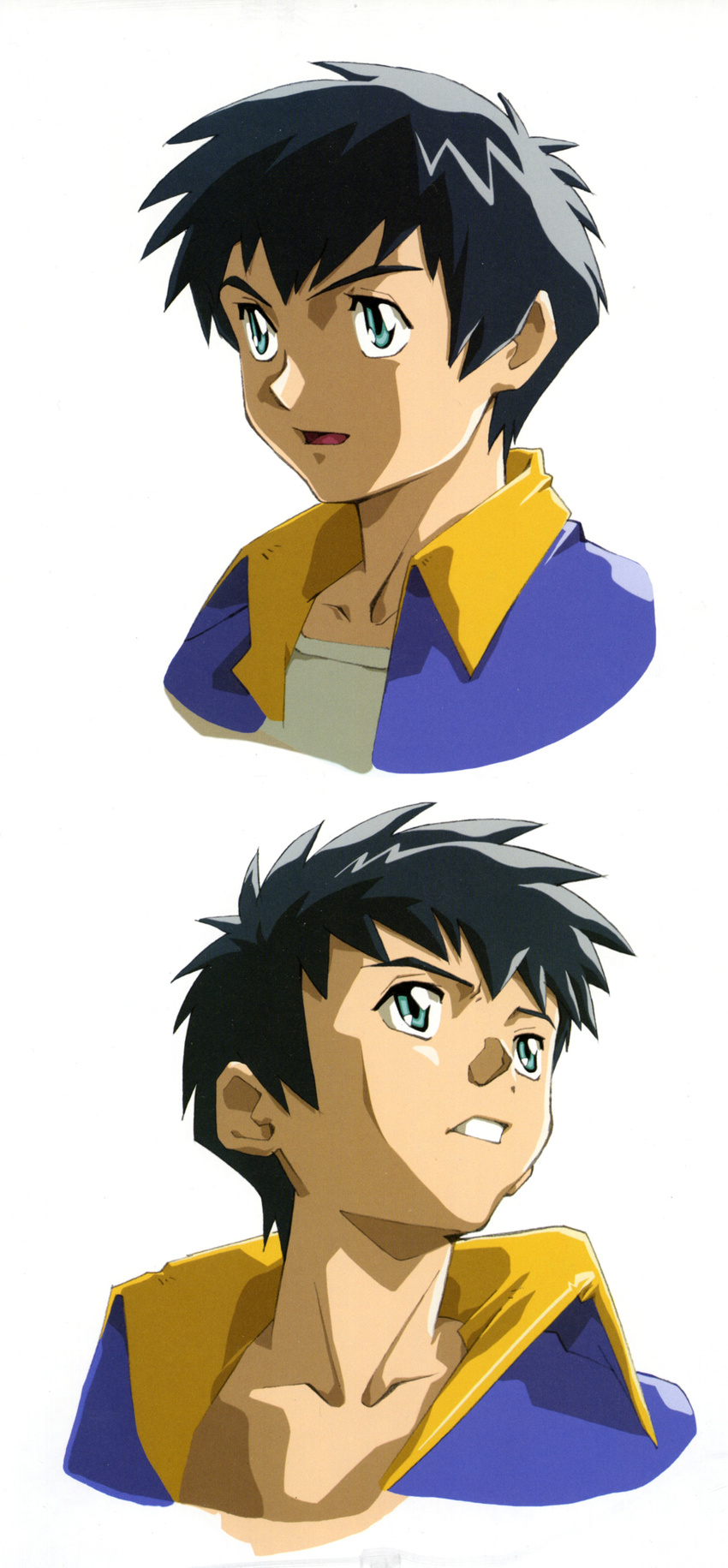 1990s_(style) 1boy absurdres artbook black_hair blue_eyes highres leo_stenbuck photoshop_(medium) retro_artstyle scan short_hair teenage upper_body zone_of_the_enders