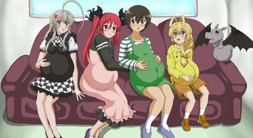 2boys 2girls ahoge anger_vein blonde_hair blush commentary_request crossdressing cthugha_(nyaruko-san) dominia green_eyes grey_hair haiyore!_nyaruko-san hastur_(nyaruko-san) highres huge_ahoge long_hair male_pregnancy multiple_boys multiple_girls nyarlathotep_(nyaruko-san) otoko_no_ko pregnant red_eyes red_hair shantak_(nyaruko-san) smile yasaka_mahiro