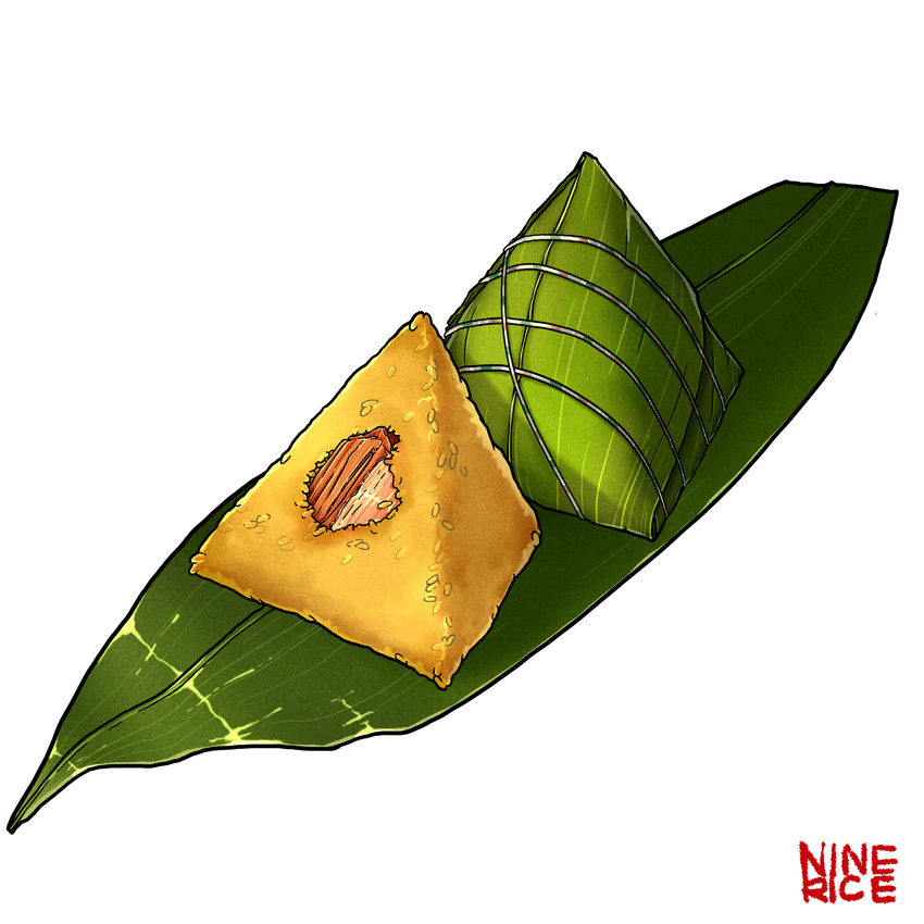 absurdres artist_name bamboo bamboo_leaf chinese_commentary commentary food food_focus fried_rice highres jiumudao no_humans realistic simple_background string taro_(food) white_background zongzi