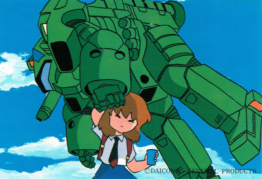 1980s_(style) armor artist_request backpack bag battle black_hair brown_hair carrying_overhead cloud cup daicon daicon_bunny_girl daicon_iii day dress female general_products highres lifting_person mecha missile missile_pod mobile_infantry necktie official_art picking_up postcard power_armor promotional_art randoseru retro_artstyle robot scan science_fiction short_hair shoulder_cannon size_difference skirt sky starship_troopers traditional_media uchuu_no_senshi