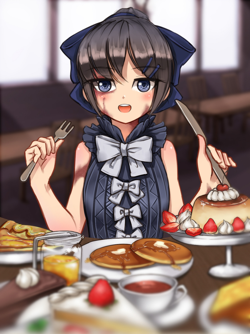 :d banluoli black_hair blue_bow blue_eyes blurry blurry_background bow bowtie bread bread_slice burn_scar cake cherry chocolate_cake commentary_request cup depth_of_field dessert dorei_to_no_seikatsu_~teaching_feeling~ female food fork fruit hair_ornament hairbow hairclip happy heart heart_in_eye highres holding holding_fork holding_knife honey indoors knife large_bow looking_at_viewer open_mouth pancake pie plate ponytail pudding scar sleeveless smile solo strawberry strawberry_shortcake sweets sylvie_(dorei_to_no_seikatsu) symbol_in_eye table tea teacup toast whipped_cream