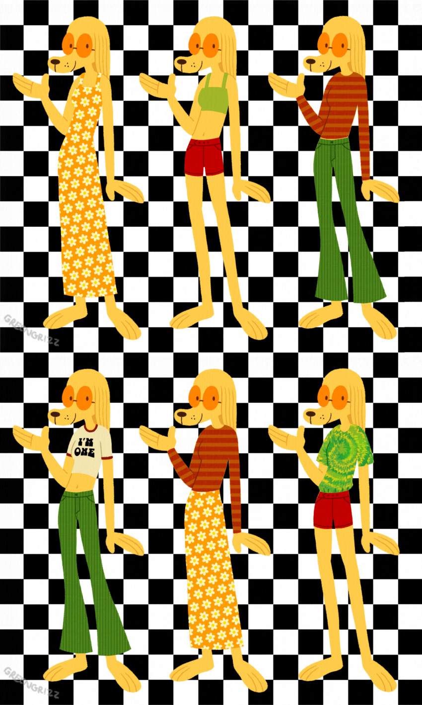 2024 4_fingers absurd_res afghan_hound anthro artist_name barefoot bent_arm black_nose blonde_hair bottomwear breasts button_(fastener) canid canine canis checkered checkered_background closed_smile clothing crop_top digital_drawing_(artwork) digital_media_(artwork) domestic_dog dot_eyes dress english_text eyewear feet female fingers flat_colors floral_dress floral_pattern floral_skirt fur gesture green_bottomwear green_clothing green_crop_top green_pants green_shirt green_topwear greengrizz hair hi_res hunting_dog long_hair looking_at_viewer mammal midriff mouth_closed multicolored_clothing multicolored_shirt multicolored_topwear navel orange_clothing orange_dress orange_eyewear orange_sunglasses pants pattern_background pattern_bottomwear pattern_clothing pattern_pants pattern_shirt pattern_topwear pockets red_bottomwear red_clothing red_shirt red_shorts red_topwear shirt shorts sighthound simple_background slim_anthro slim_female smile smiling_at_viewer solo standing striped_bottomwear striped_clothing striped_pants striped_shirt striped_topwear stripes sunglasses t-shirt text text_on_clothing tie-dye_shirt topwear waving waving_at_viewer whisker_spots white_clothing white_shirt white_t-shirt white_topwear winnie_stern yellow_body yellow_fur