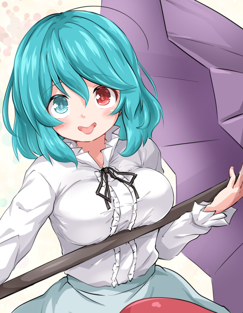 black_ribbon blue_eyes blue_hair blue_skirt blush breasts commentary female heterochromia highres holding holding_umbrella huyusilver long_hair long_sleeves looking_at_viewer neck_ribbon open_mouth purple_umbrella red_eyes ribbon shirt skirt smile solo tatara_kogasa tongue tongue_out touhou umbrella white_shirt