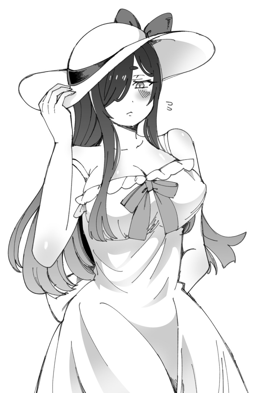 :< arm_behind_back blush bow breasts collarbone dress embarrassed female greyscale hair_over_one_eye hand_on_headwear hasshaku-sama hat hat_bow highres long_hair looking_down medium_breasts monochrome one_eye_covered original simple_background solo sun_hat usagi_hamii very_long_hair white_background