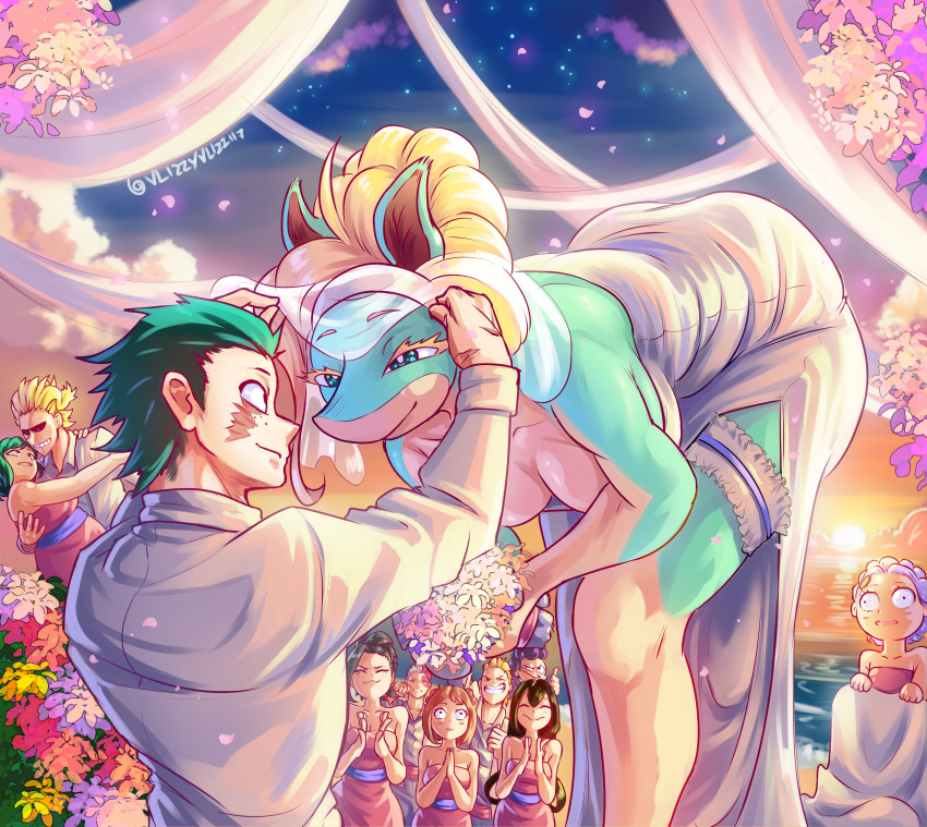 absurd_res anthro asui_tsuyu beach bent_over blonde_hair blue_eyes bouquet breasts clothed clothing digital_media_(artwork) dress duo duo_focus facial_scar female flower flower_bouquet green_hair group hair hi_res human inko_midoriya ippan_josei izuku_midoriya looking_at_another male mammal minoru_mineta momo_yaoyorozu my_hero_academia ochaco_uraraka plant quirked_human_(my_hero_academia) scar smile sunset toshinori_yagi veil vlizz wedding wedding_dress wedding_veil