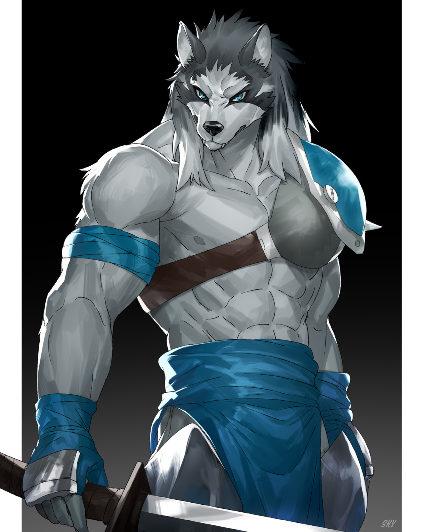 2024 abs ain_macdougal anthro biceps blue_clothing blue_eyes canid canine canis clothed clothing feda:_the_emblem_of_justice fingers fur hair hi_res holding_melee_weapon holding_object holding_sword holding_weapon looking_at_viewer male mammal mane mane_hair melee_weapon multicolored_body multicolored_fur pecs shoulder_guard sky_gomi solo sword weapon white_body white_fur wolf